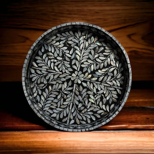 Round Breakfast tray with Mother of Pearl Inlay In Black Color White Floral Pattern