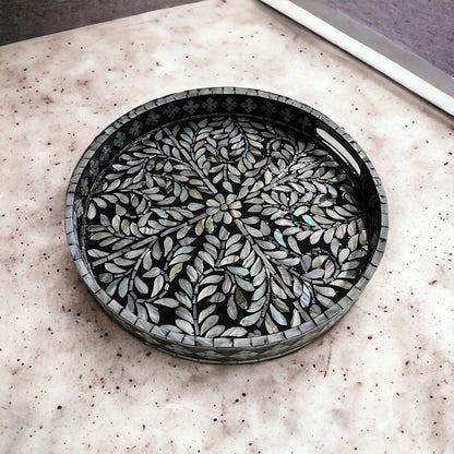 Round Breakfast tray with Mother of Pearl Inlay In Black Color White Floral Pattern