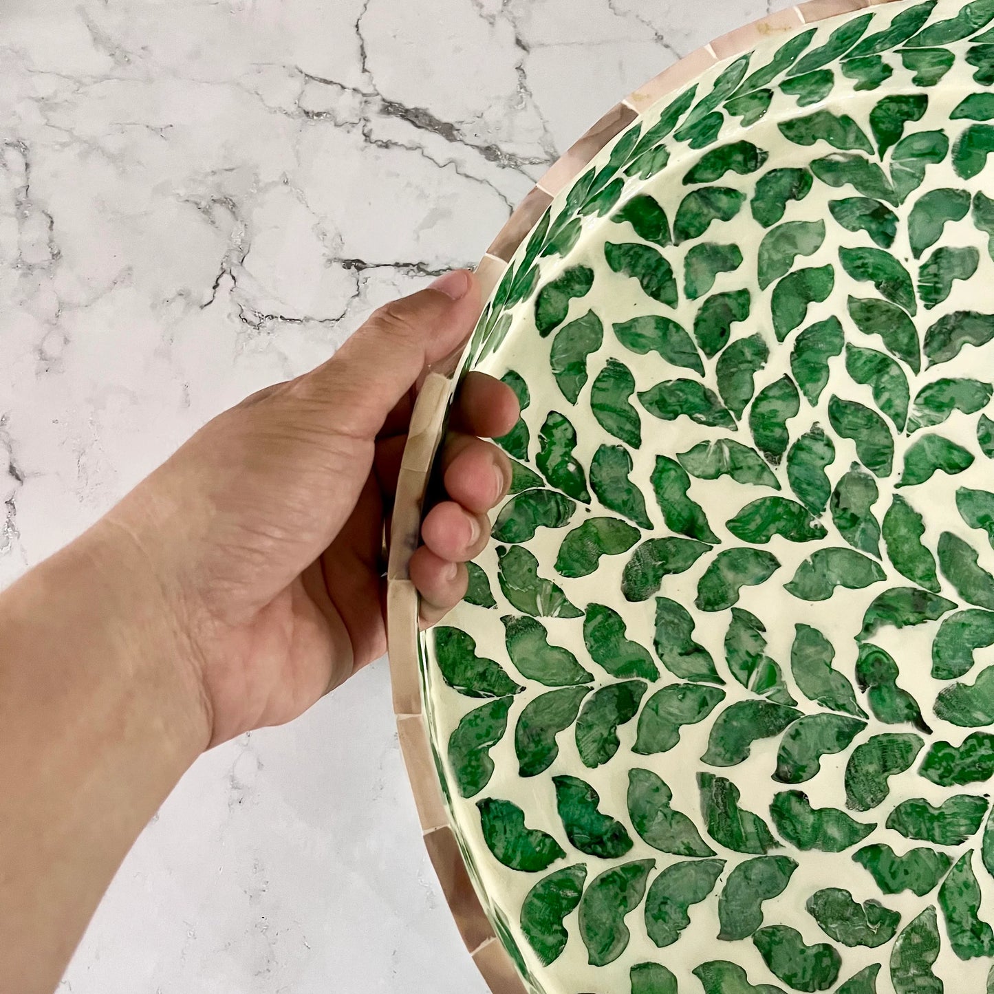 Green Leaves Capiz Shell Round Serving Tray