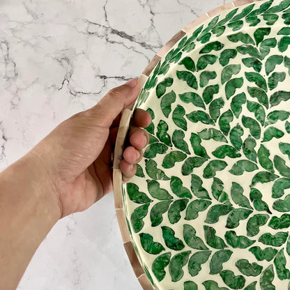 Green Leaves Capiz Shell Round Serving Tray