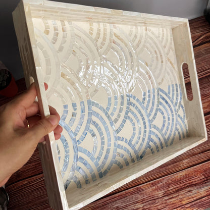 Mother of pearl rectangle serving tray, blue ocean waves pattern