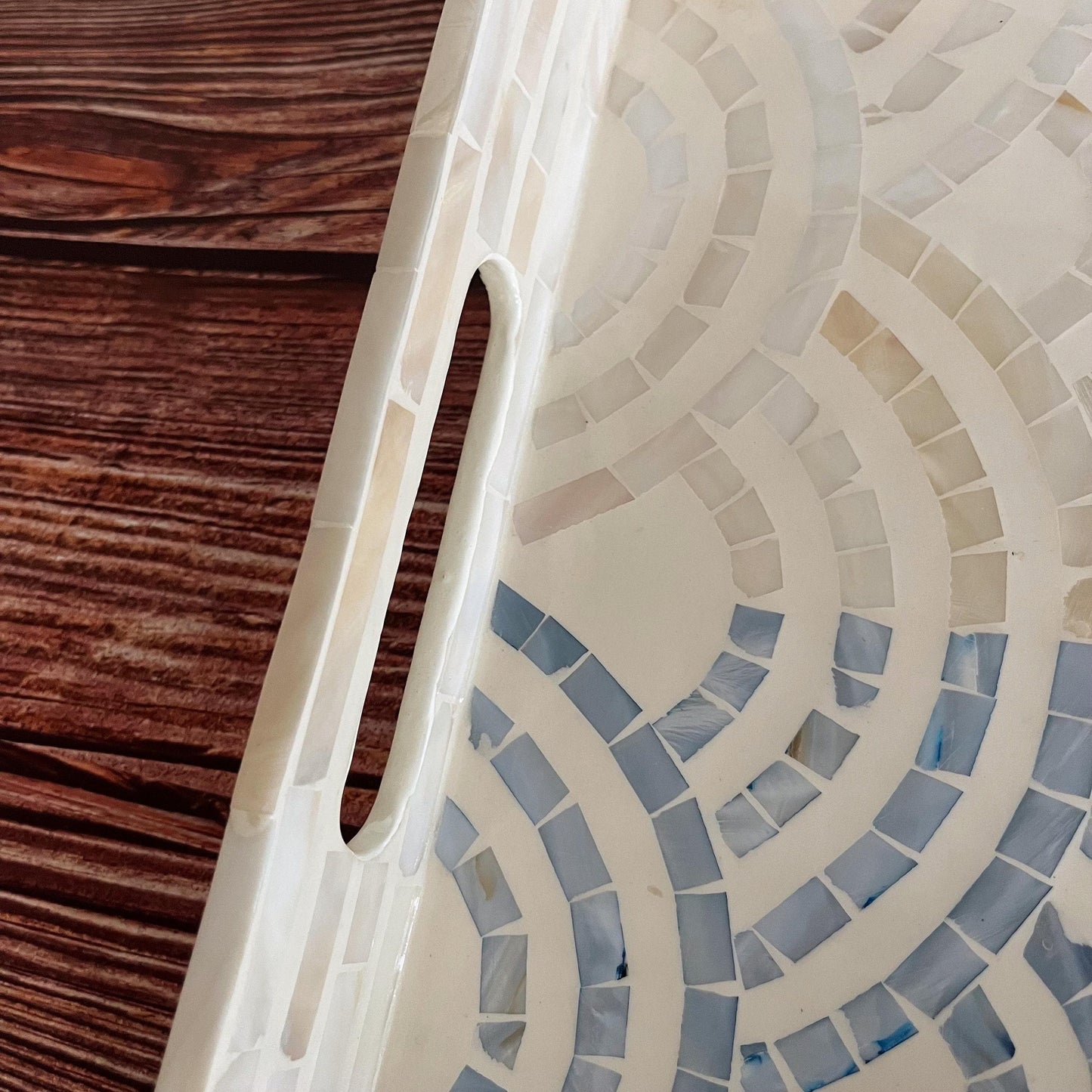 Mother of pearl rectangle serving tray, blue ocean waves pattern