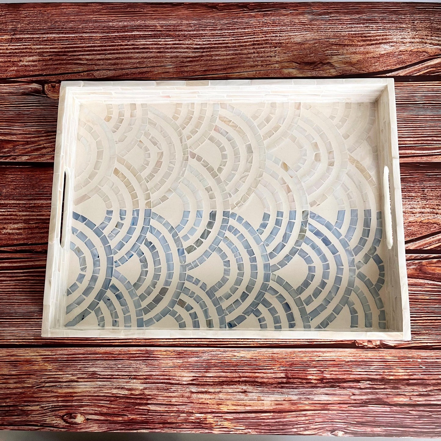 Mother of pearl rectangle serving tray, blue ocean waves pattern