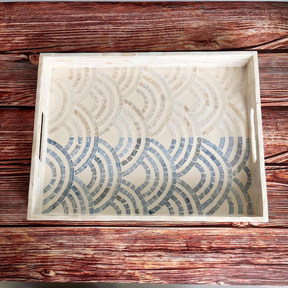 Mother of pearl rectangle serving tray, blue ocean waves pattern