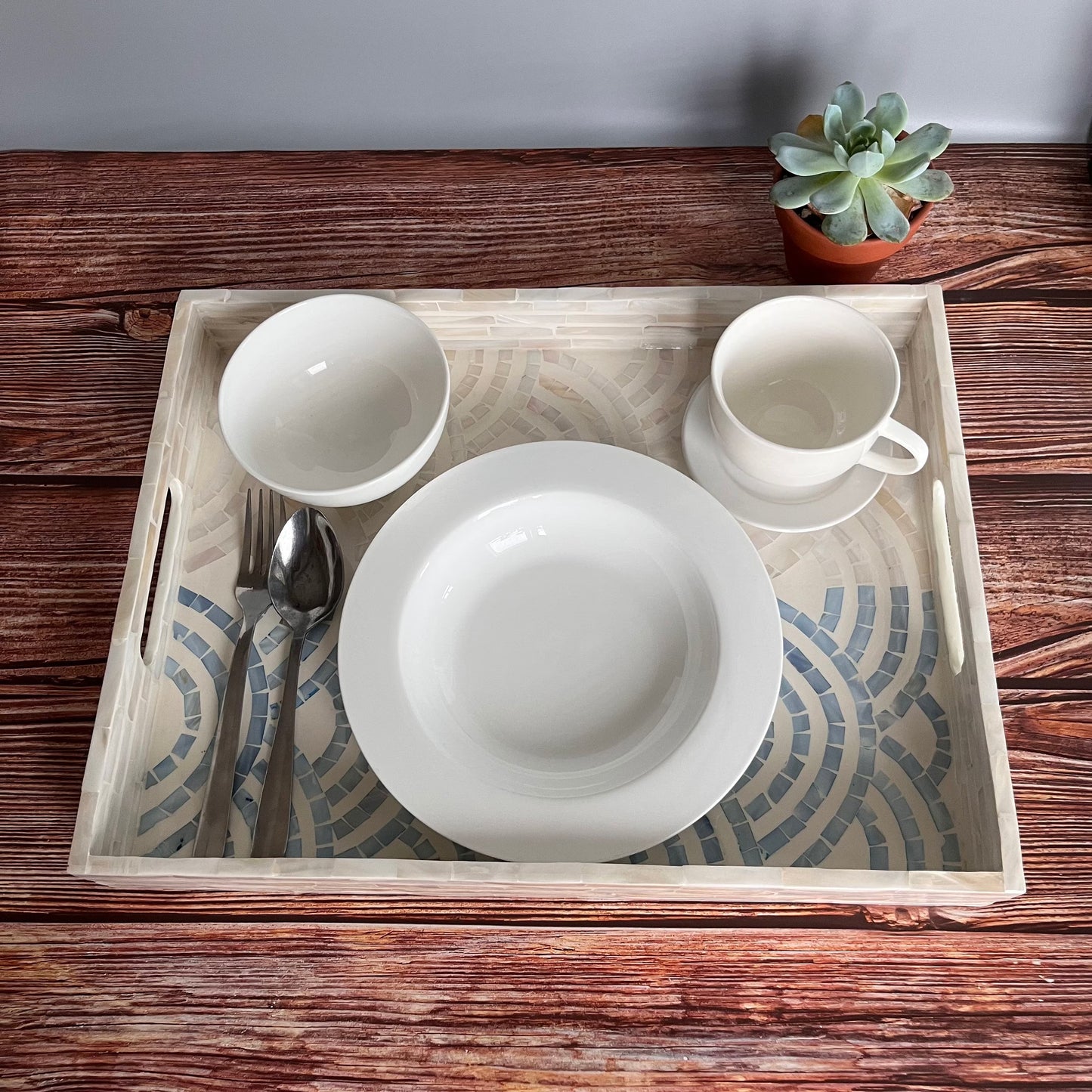Mother of pearl rectangle serving tray, blue ocean waves pattern