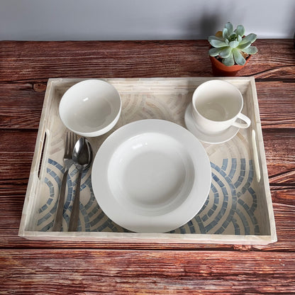 Mother of pearl rectangle serving tray, blue ocean waves pattern