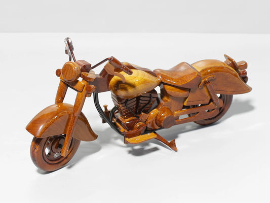 Side view of handcrafted Indian Motorcycle wood model – classic motorbike decor