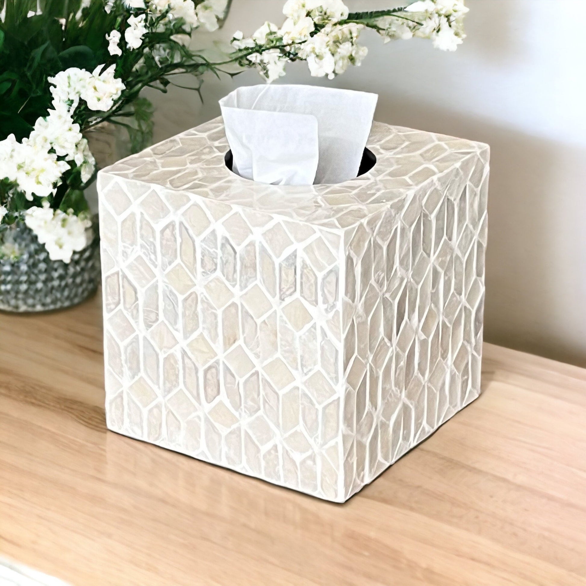 Modern White Capiz Shell Square Tissue Box CoverBBDecorHouse