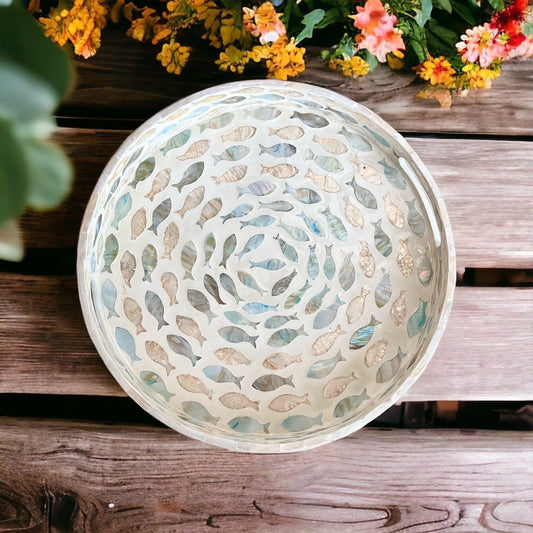 Mother of Pearl Inlay Serving Tray, Fish Tornado Swirls Pattern