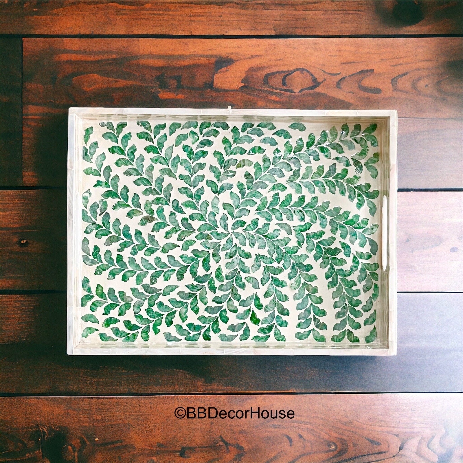 Mother of Pearl Rectangular Serving Tray, Green Leaves PatternBBDecorHouseSize S