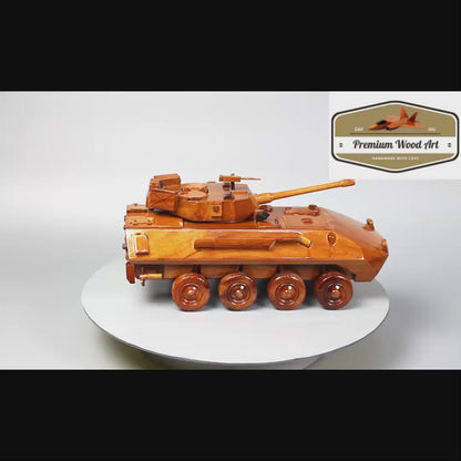 Wooden LAV-25 model tank, a replica of an essential U.S. Marine Corps vehicle, perfect for enhancing a collection of WWII and modern military models.