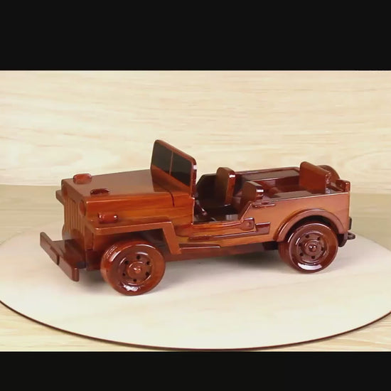 Hand-crafted wooden model of the 1951 Willys M38 Army Jeep, a classic symbol of U.S. military history.