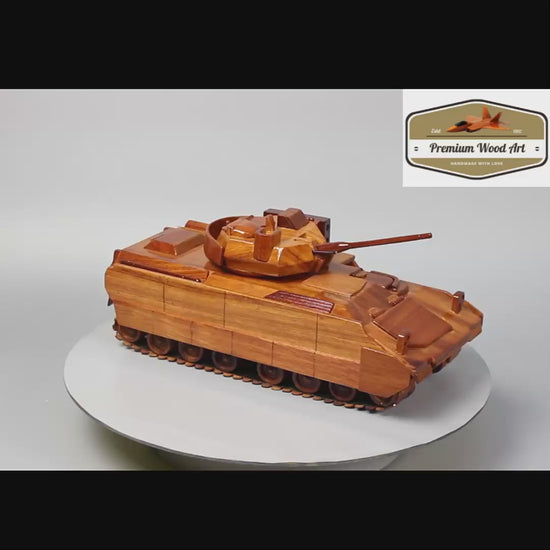 Intricately designed wooden M2 Bradley model, reflecting the vehicle's role in modern warfare, suitable for U.S. Army gift occasions.