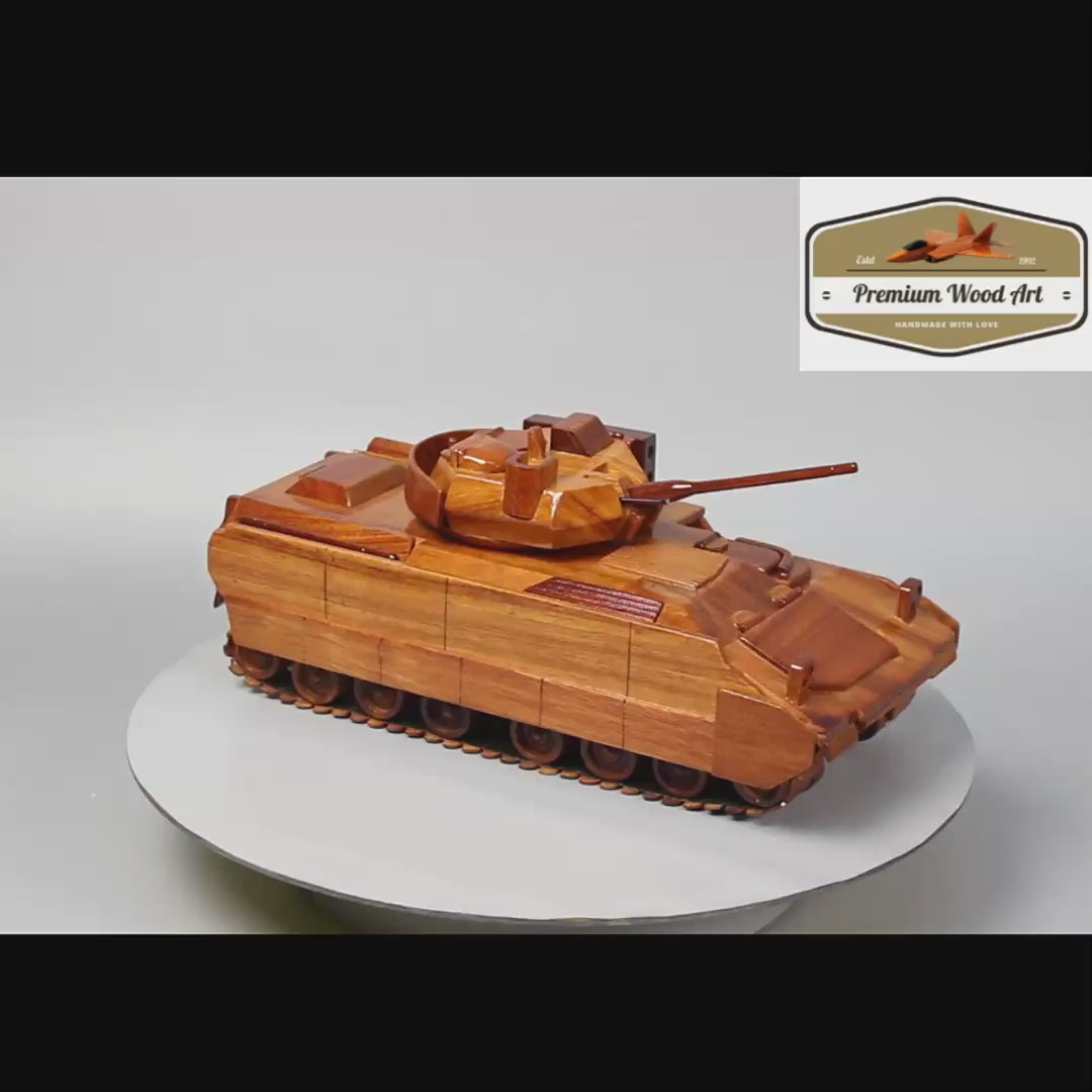 Intricately designed wooden M2 Bradley model, reflecting the vehicle's role in modern warfare, suitable for U.S. Army gift occasions.