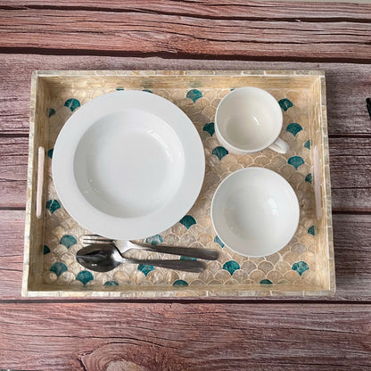 Capiz shell rectangle serving tray, blue & gold mermaid fish scale pattern