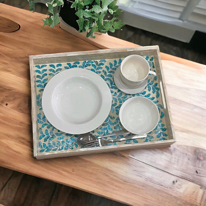 Mother Pearl Rectangular Serving Tray, Decorative tray, Blue leaves pattern