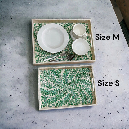 Mother of Pearl Rectangular Serving Tray, Green Leaves Pattern