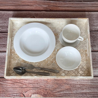 Capiz Shell Inlay Serving Tray, White and Gold Mermaid Pattern