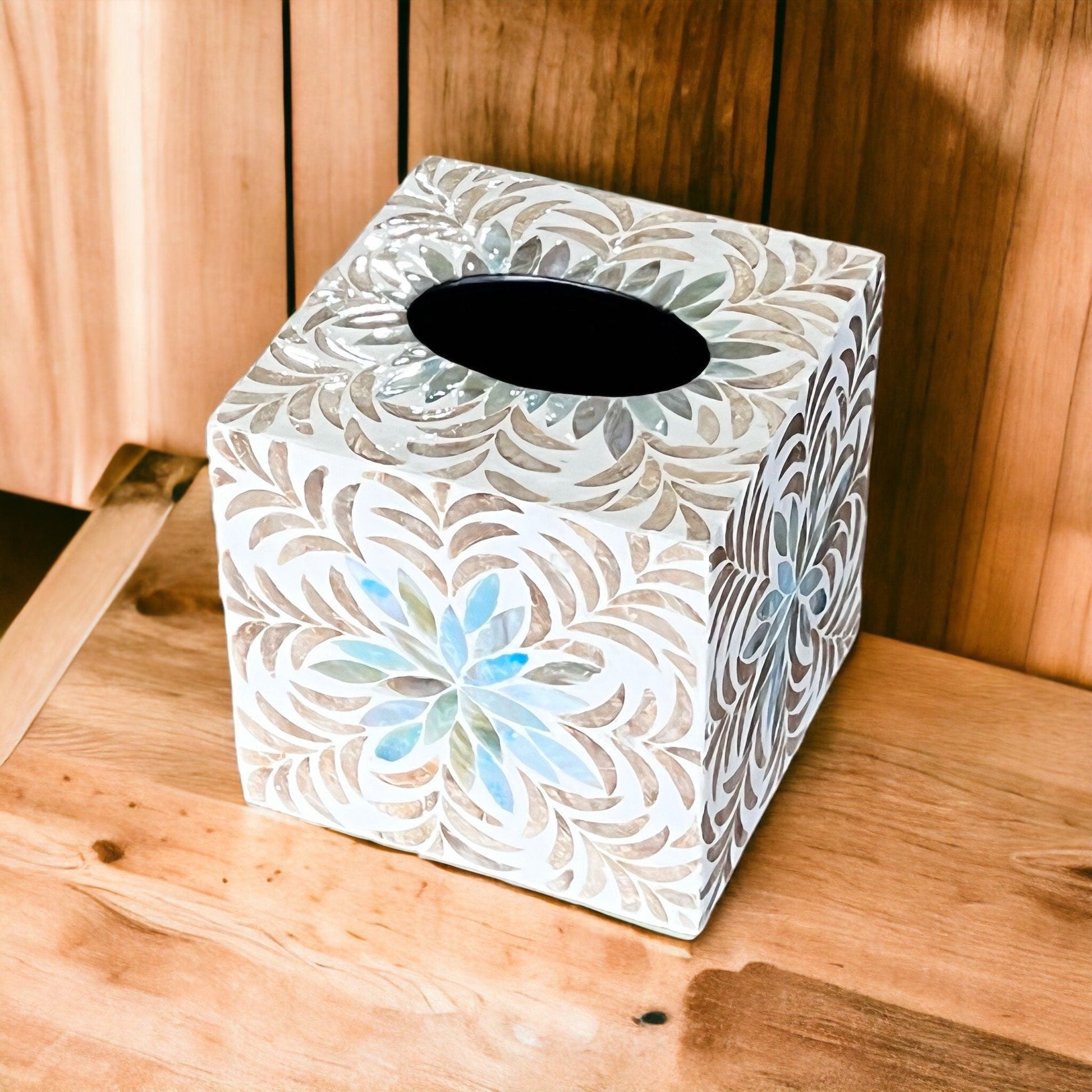Aqua flower Gold Leaf Mother Pearl Square Tissue Box CoverBBDecorHouse
