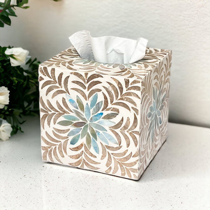 Aqua flower Gold Leaf Mother Pearl Square Tissue Box CoverBBDecorHouse