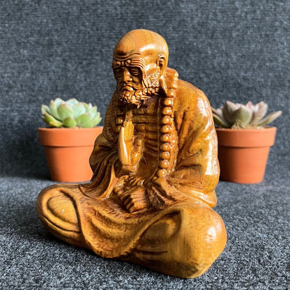 Bodhidharma Sitting in Meditation Wood Carving StatuePremiumWoodArt