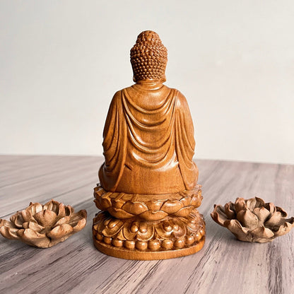 Gautama Buddha Sitting on Lotus Wood Carving StatuePremiumWoodArt