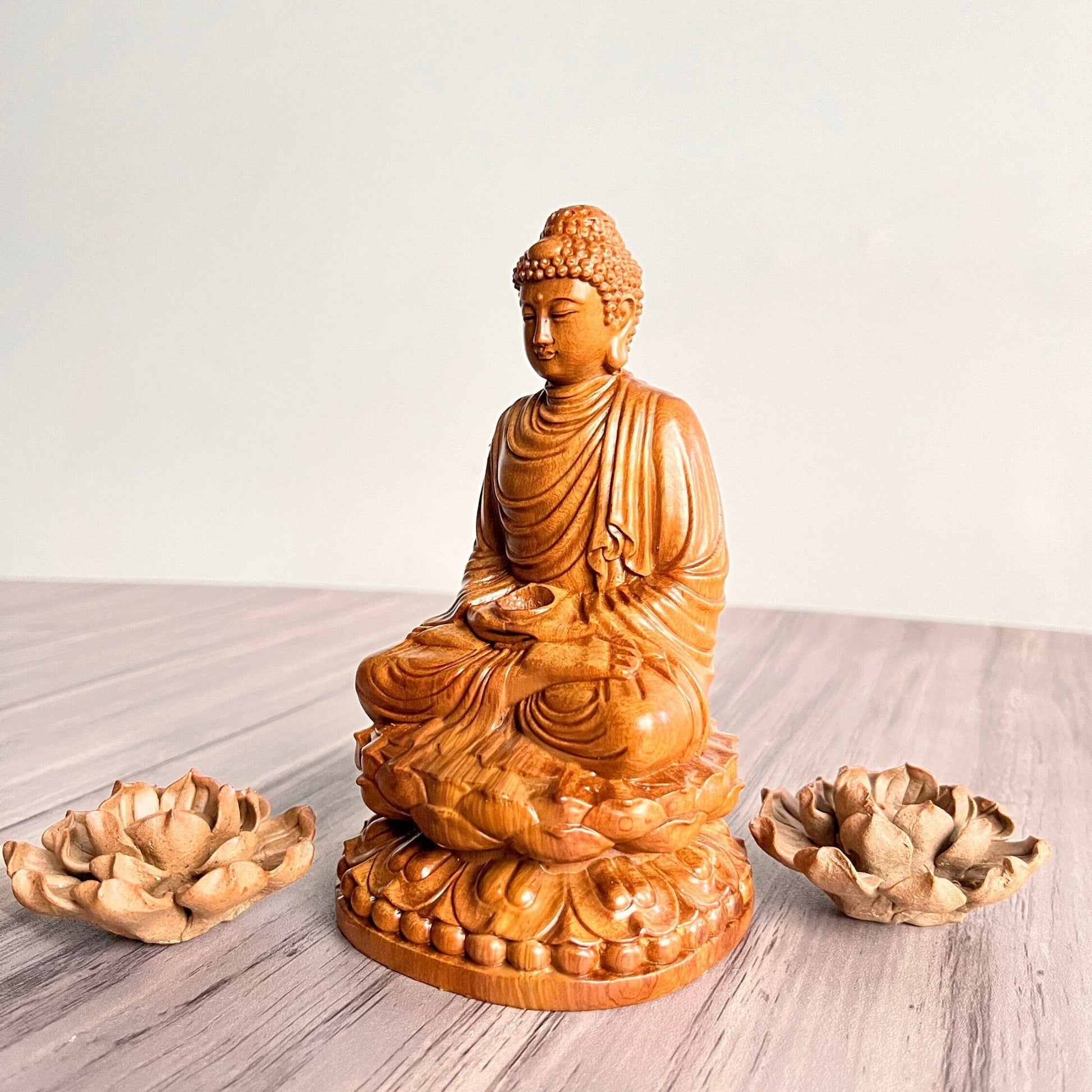 Gautama Buddha Sitting on Lotus Wood Carving StatuePremiumWoodArt