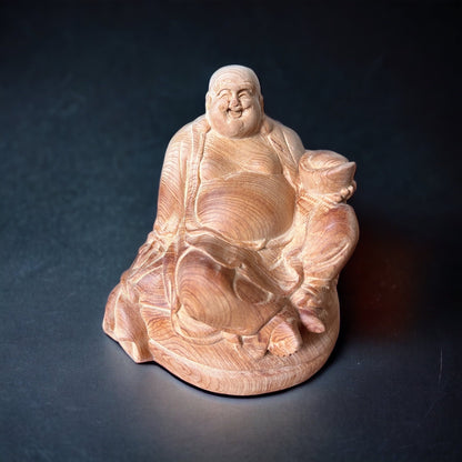 God Of Wealth Statue Made By Unfinished Fragrant Wood, Smiling Maitreya Buddha, Lucky Fengshui Laughing Happy Buddha Figurine Brings FortuneTuNaCraftCollection