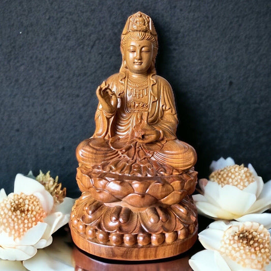 Guan Yin Bodhisattva Buddha Sitting on Lotus Wood StatueTuNaCraftCollection