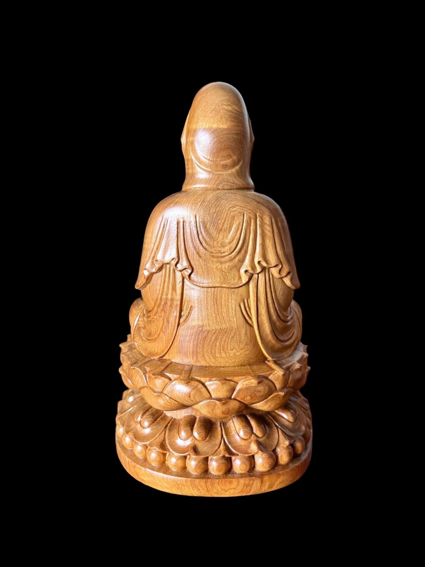 Guan Yin Bodhisattva Buddha Sitting on Lotus Wood StatueTuNaCraftCollection