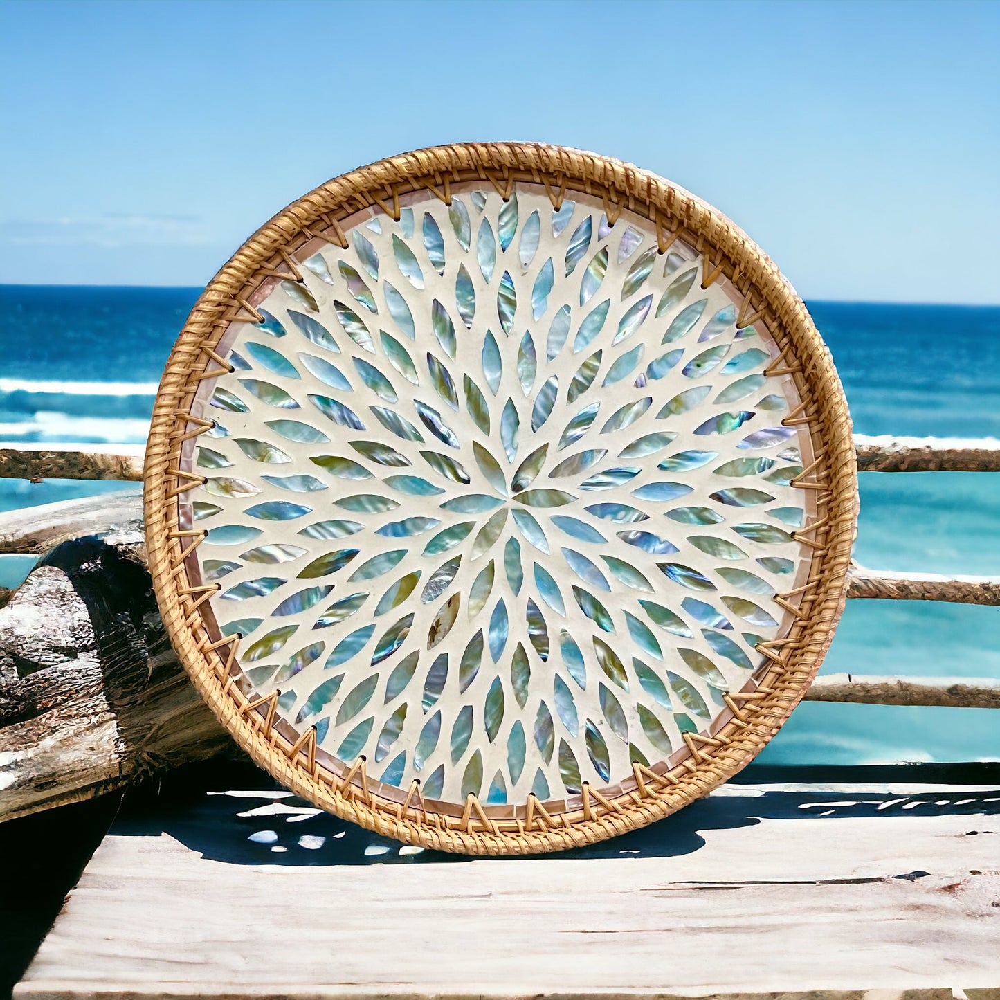Hand-woven Rattan & Aqua flower Mother Pearl Round Decoration Serving TrayTuNaCraftCollectionSize S