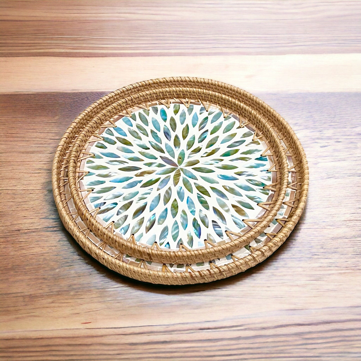 Hand-woven Rattan & Aqua flower Mother Pearl Round Decoration Serving TrayTuNaCraftCollectionSize S