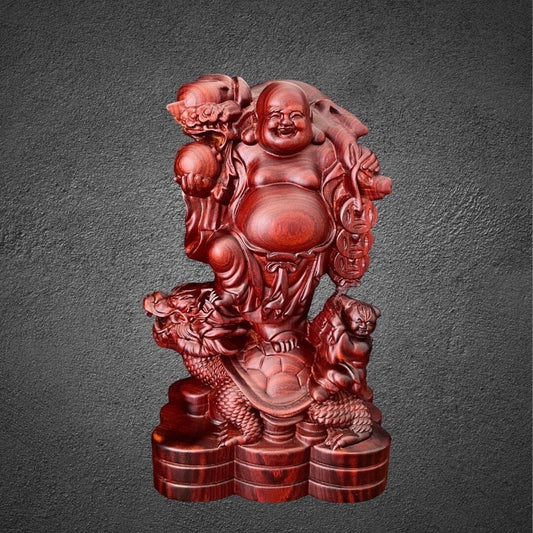 Laughing Maitreya Buddha Standing on Qilin, God of Wealth Statue Made of Techicai Sitan hardwoodTuNaCraftCollection