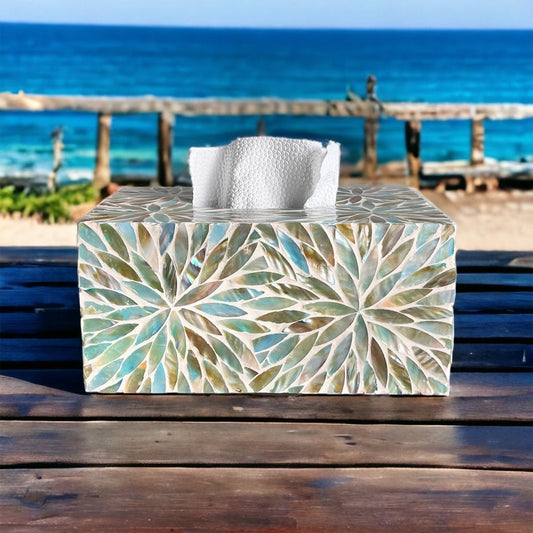 Mother of pearl inlay rectangle tissue box holder with floral pattern in aqua colorPremiumWoodArt