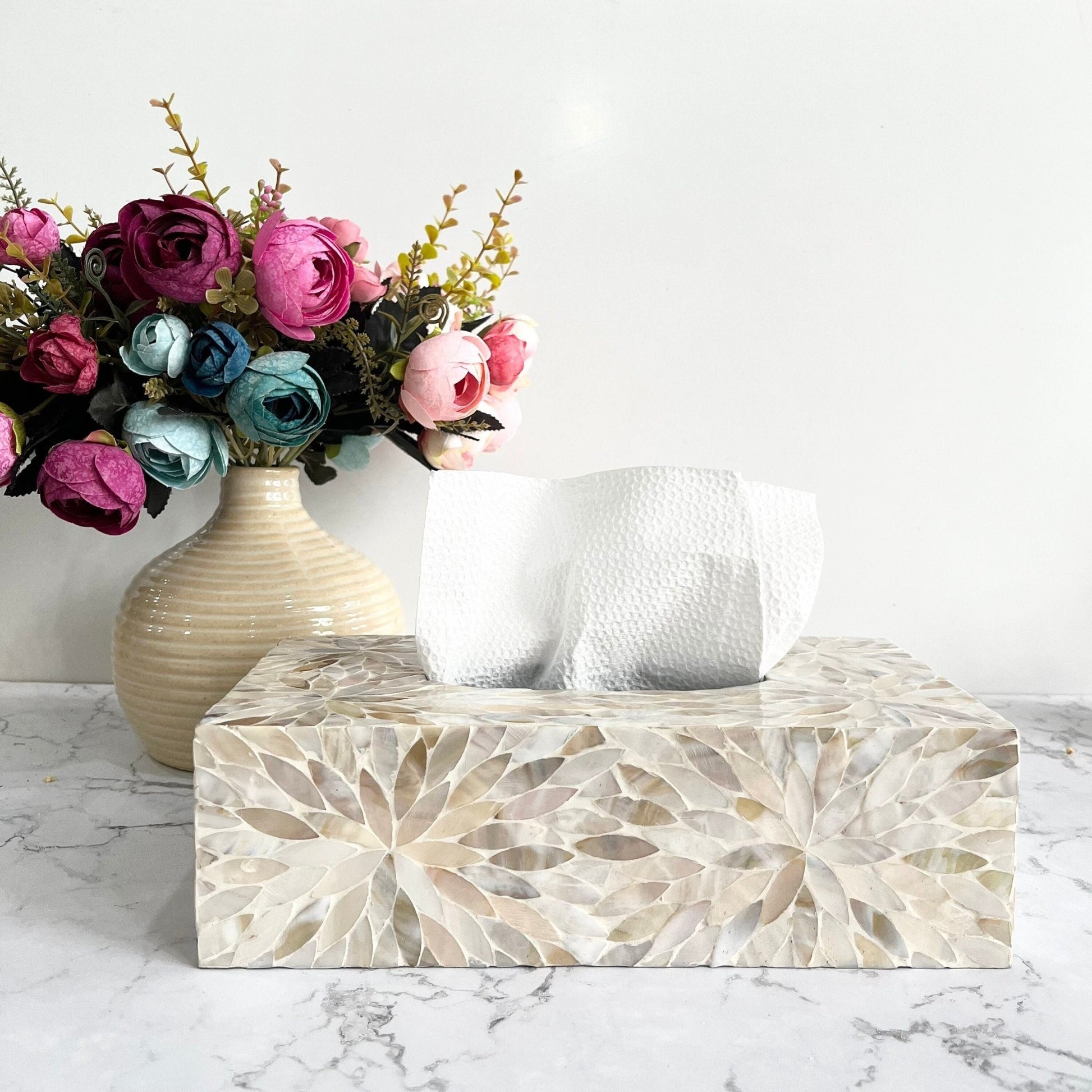 Mother of pearl inlay rectangle tissue box holder with floral pattern vintage stylePremiumWoodArt