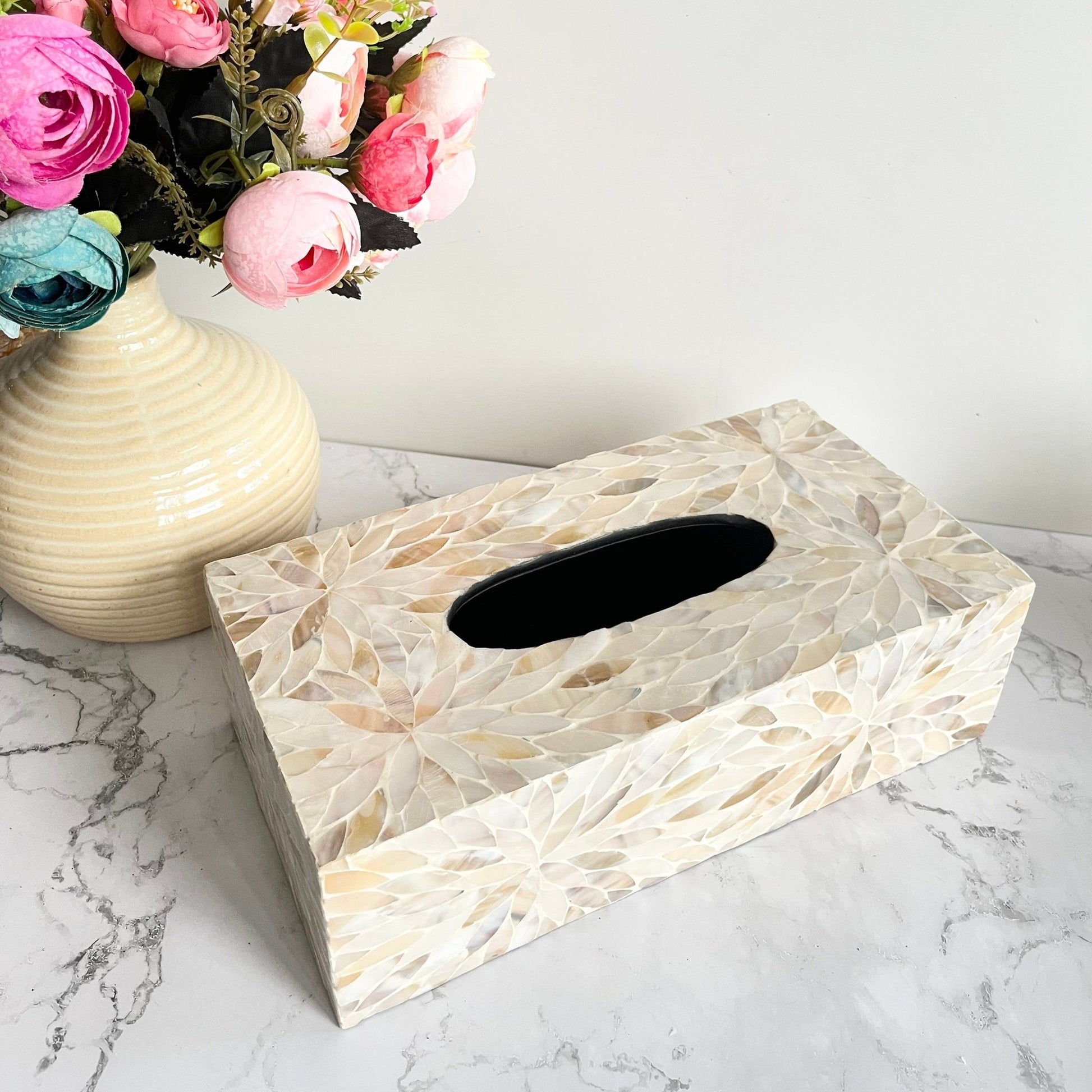 Mother of pearl inlay rectangle tissue box holder with floral pattern vintage stylePremiumWoodArt