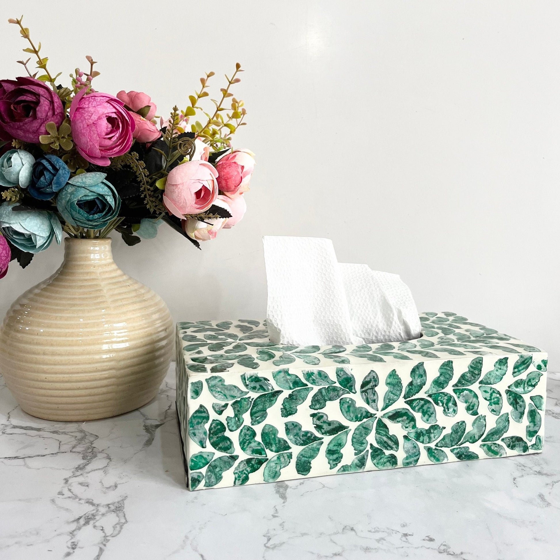 Mother of pearl inlay rectangle tissue box holder with green leaves patternPremiumWoodArt