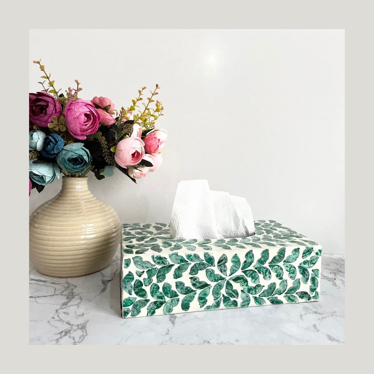 Mother of pearl inlay rectangle tissue box holder with green leaves patternPremiumWoodArt
