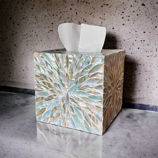 Mother of pearl inlay square tissue box holder with blue floral patternPremiumWoodArt