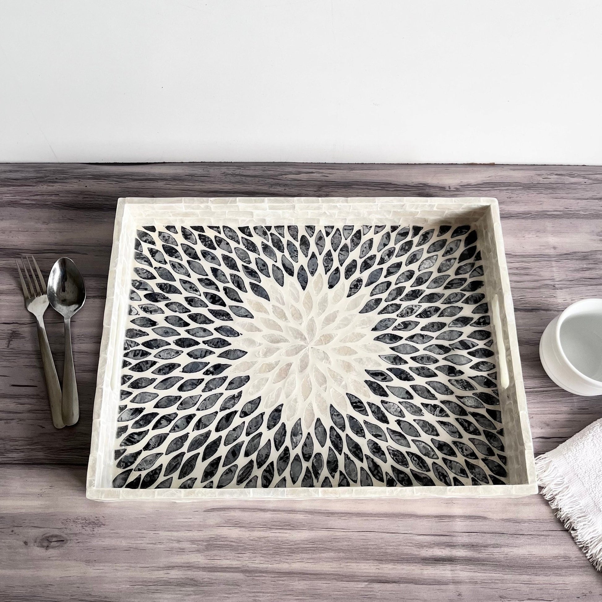 Mother of Pearl Tray with Black and White Leaf Inlay PatternPremiumWoodArt