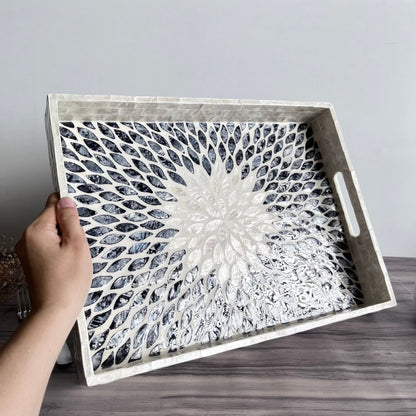 Mother of Pearl Tray with Black and White Leaf Inlay PatternPremiumWoodArt