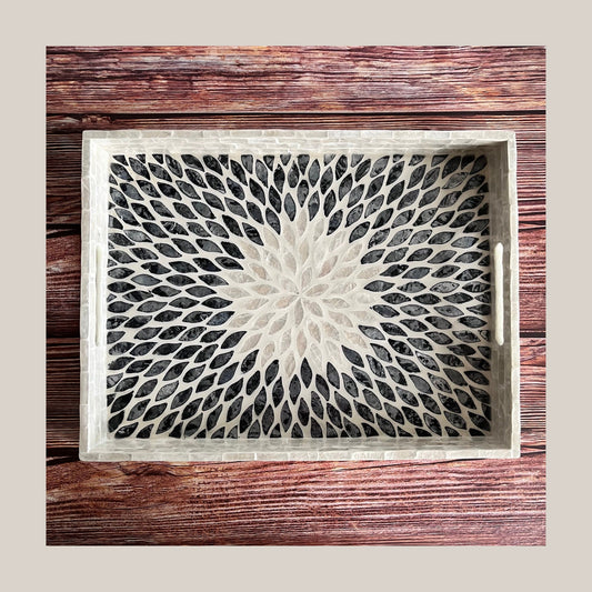 Mother of Pearl Tray with Black and White Leaf Inlay PatternPremiumWoodArt
