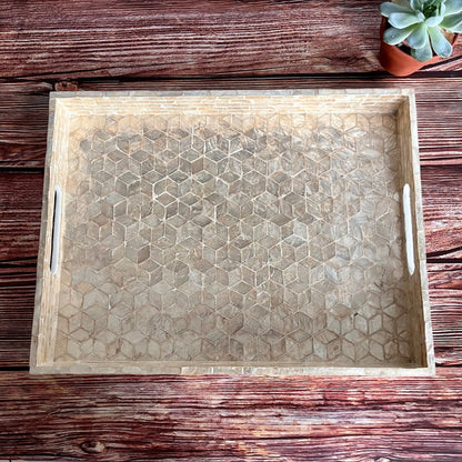 Mother of Pearl Tray with Light Gold Cube Inlay PatternPremiumWoodArtSmall 35x25x4cm