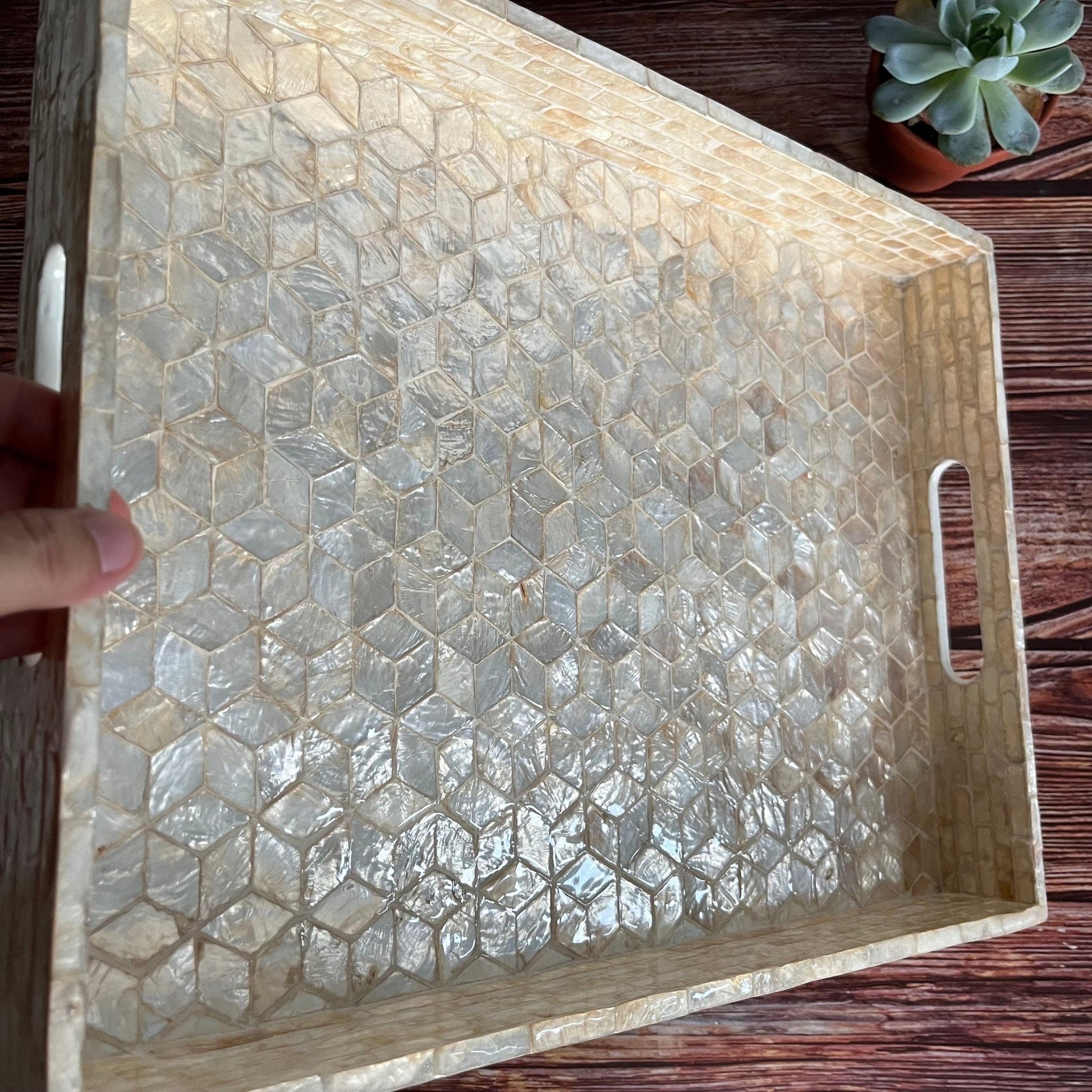 Mother of Pearl Tray with Light Gold Cube Inlay PatternPremiumWoodArtSmall 35x25x4cm