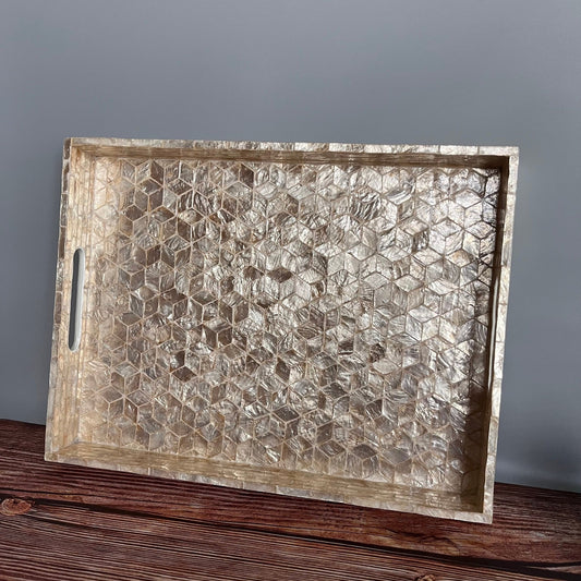 Mother of Pearl Tray with Light Gold Cube Inlay PatternPremiumWoodArtSmall 35x25x4cm