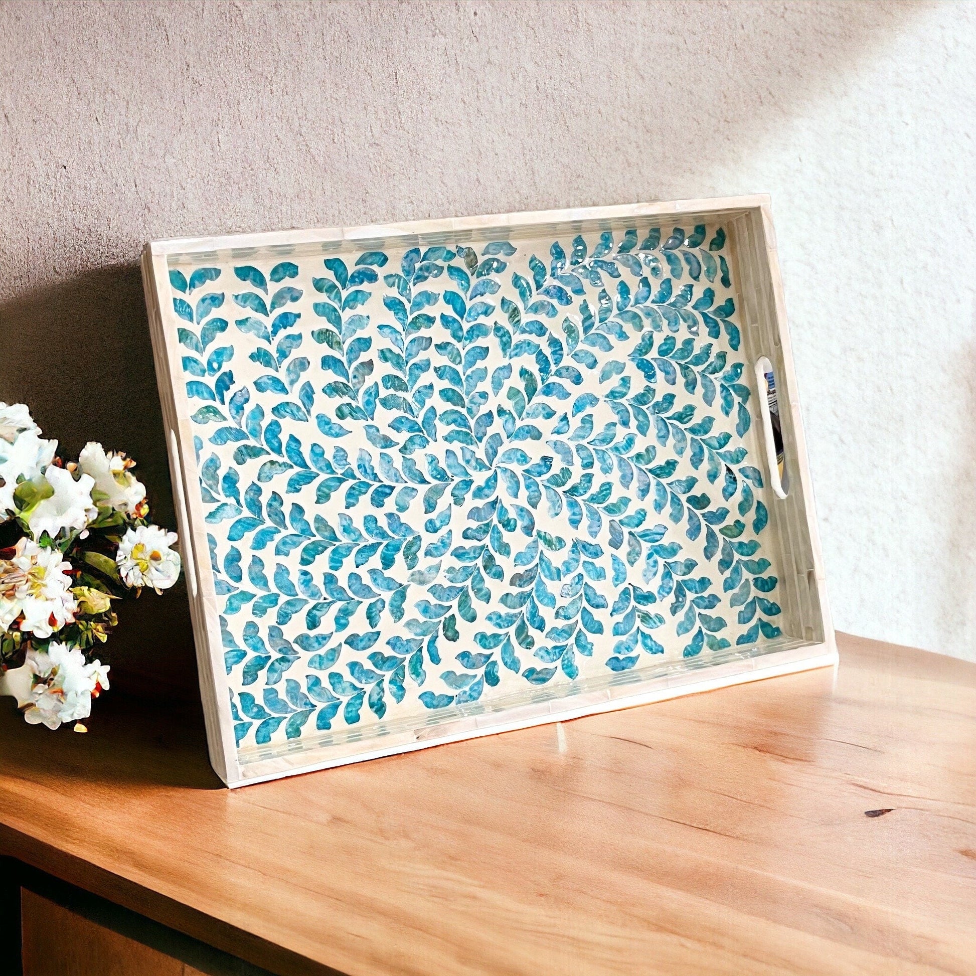 Mother Pearl Rectangular Serving Tray, Decorative tray, Blue leaves patternBBDecorHouseSize S