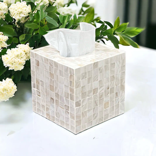 Mother pearl tissue box white mosaic pattern, square cube tissue holder, luxurious tissue box cover, nacre tissue box, napkin case holderPremiumWoodArtSquare cubic