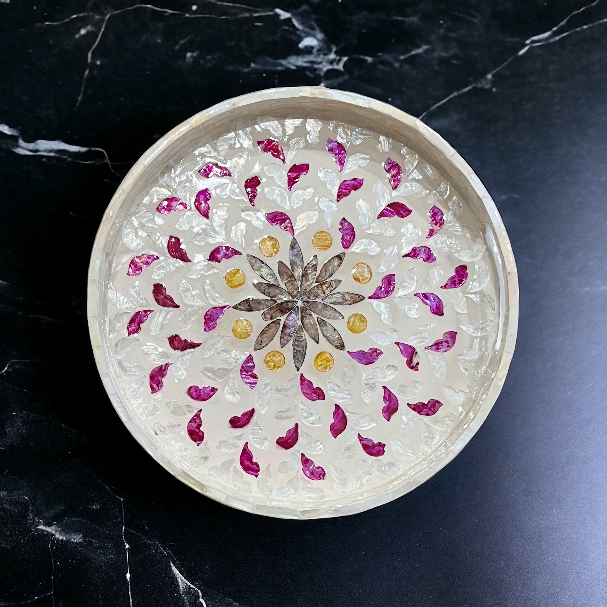 Pink and White Leaves Round Mother of Pearl Inlay Decoration and Serving TrayBBDecorHouse