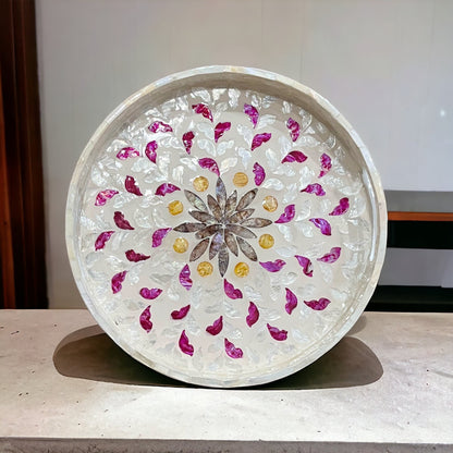 Pink and White Leaves Round Mother of Pearl Inlay Decoration and Serving TrayBBDecorHouse