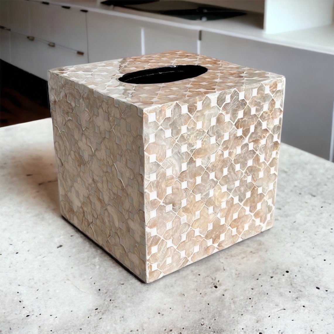Square tissue box holder with mother of pearl inlay in light gold colorPremiumWoodArt